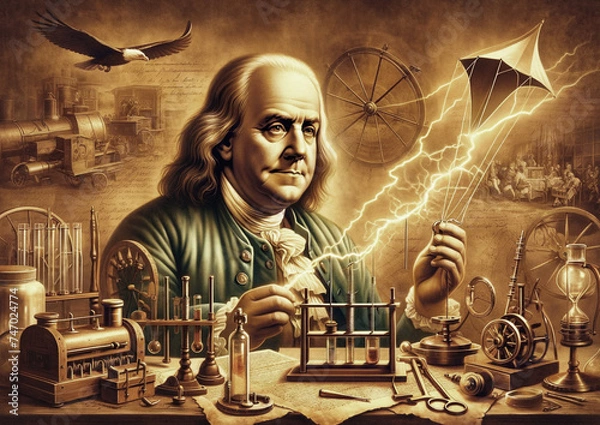 Fototapeta Illuminating the Past: Benjamin Franklin's Electric Legacy Captured by AI