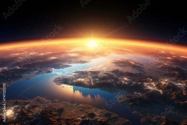 Fototapeta Sunrise view of earth from space, sun reflecting on ocean, horizon of planet earth over sunlit ocean