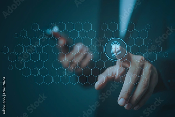 Fototapeta Online transactions, Businessman touching fingerprint scan provides security interface payment shopping banking and cloud computing network connection on virtual screen.
