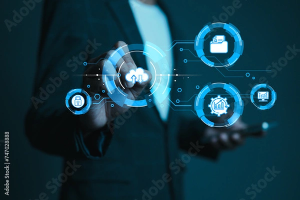 Fototapeta man use Laptop with cloud computing diagram show on hand. Cloud technology. Data storage. Networking and internet service concept.