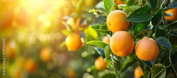 Fototapeta A cluster of citrus fruit, including mandarin oranges, tangerines, and bitter oranges, hanging from a tree with the sun shining through the leaves.