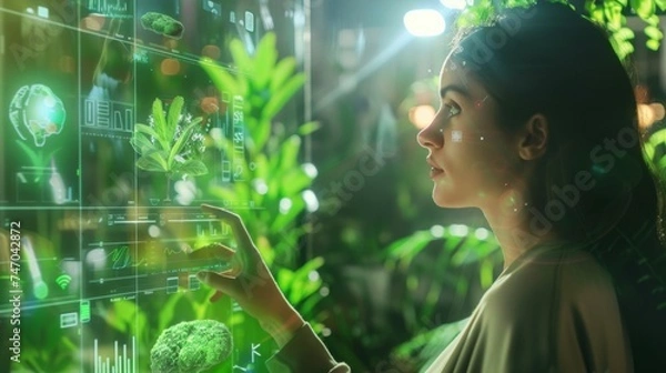 Fototapeta Analyzing Global Data Trends: A Professional Woman Interacts with Advanced Digital Interface for Environmental Insights. Female Analyst Engages with Interactive Display Showcasing Ecological Metrics.