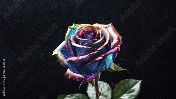 Obraz 水滴がキラキラと輝く一輪のカラフルなバラ