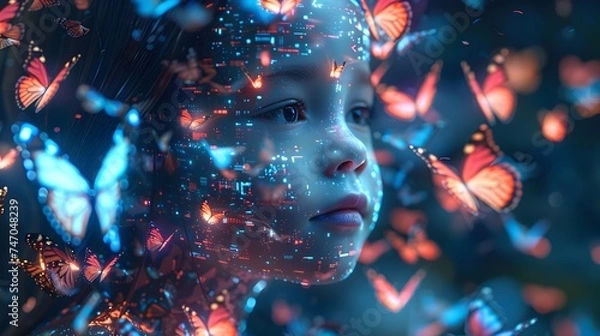 Fototapeta Girl with Glowing Butterflies in Cyberpunk Style