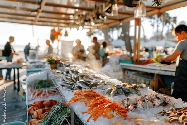 Fototapeta Vibrant seafood market scene with diverse fish and shellfish on ice, bustling shoppers, and colorful stalls under soft daylight