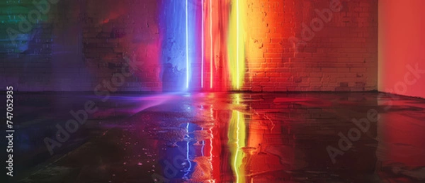 Fototapeta Colourful neon paint streaming down a brick wall with reflection in water.