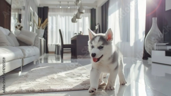 Fototapeta six week old husky puppy playing in a spacious living room