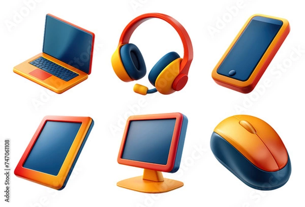 Fototapeta Technology icon set, 3D render style, on white or transparent background.