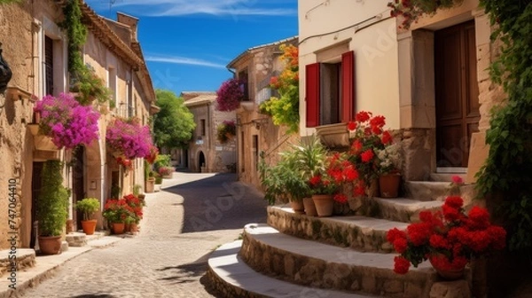 Fototapeta Charming countryside village with colorful flower baskets and cobblestone streets