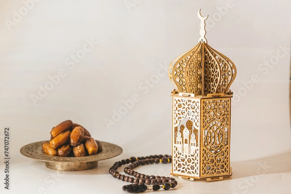 Obraz Arabian lantern, dates and rosary. Islamic holidays concept. Ramadan decoration. Ramadan kareem.