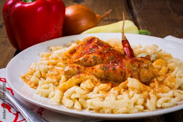 Obraz Hungarian chicken paprikash with noodles, closeup