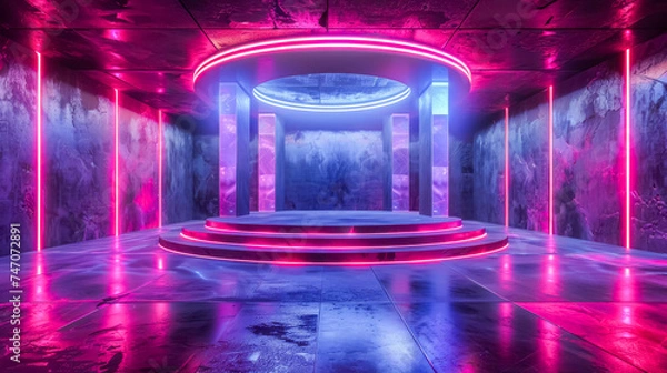 Fototapeta 3D Podium showcase with neon-lit hallway featuring modern abstract art installations, exuding a futuristic cyberpunk aesthetic.