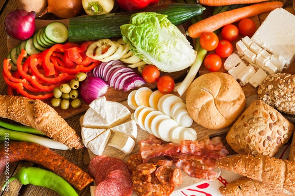Obraz Różne produkty spożywcze, widok z góry