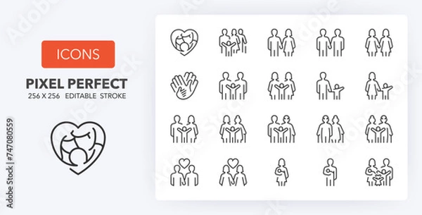 Fototapeta Types of family structures, thin line icon set. Outline symbol collection. Editable vector stroke. 256x256 Pixel Perfect scalable to 128px, 64px...
