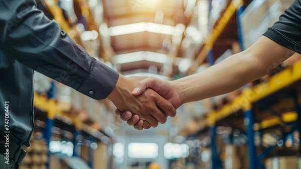 Obraz two people shaking hands in the warehouse