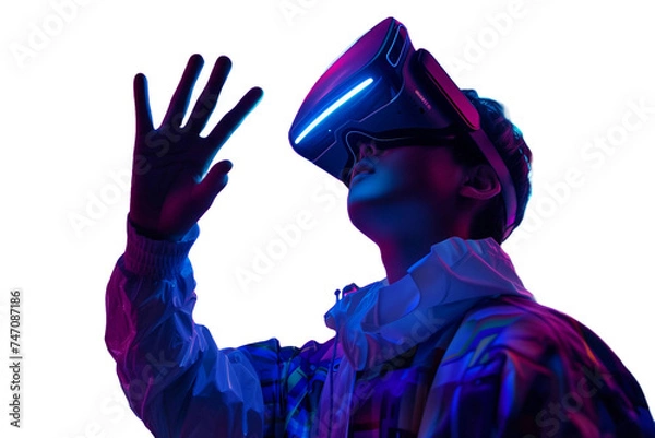 Fototapeta An individual immersed in a virtual reality simulation, wearing a VR headset and gesturing with a hand
