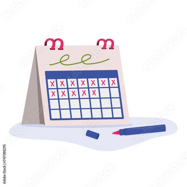 Fototapeta Tracking daily habits concept. Desk calendar with crosses drawn to mark off days. Modern flat vector graphic illustration.