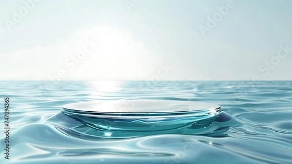 Obraz Empty clear glass circle podium on blue transparent calm water texture with waves in sunlight. Abstract nature background for product presentation. Flat lay cosmetic mockup, copy space. Generative Ai