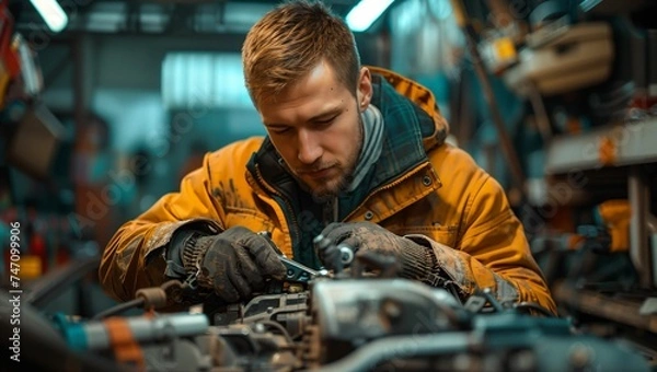 Fototapeta Mechanic is repairing broken car engine in garage, solving problems of car engine
