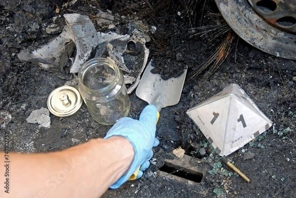 Fototapeta The Scientific Police, CSI, Collecting samples of charred remains burned in an arson of vehicles