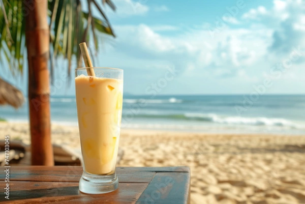 Obraz Freshness mango lassi on tropical table on sand beach under under shade of palm trees near ocean. Summer popular Sri lankan and Indian beverage with ice cube. Copy space