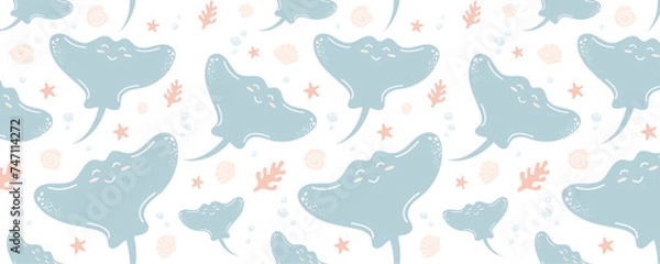 Fototapeta Seamless pattern with sea animals. Children's illustration on a white background. Cartoon funny stingrays in pastel colors.