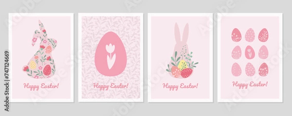 Obraz Easter cards set in simple vintage design.Easter bunny and Easter eggs vector llustrations.