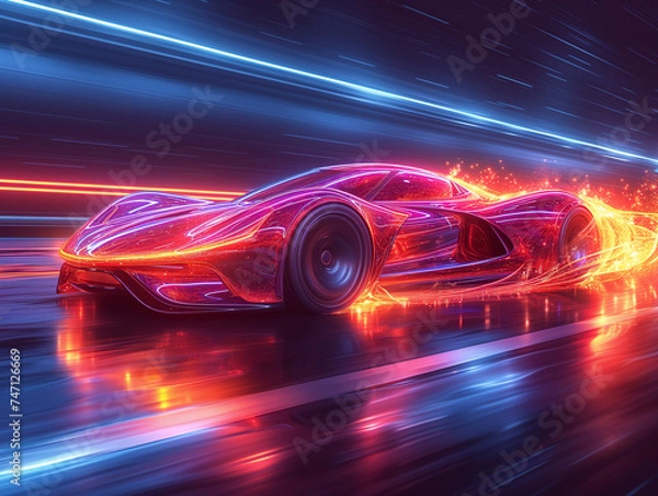 Fototapeta A futuristic car with neon lights drives through a city at night, creating a futuristic and dynamic scene