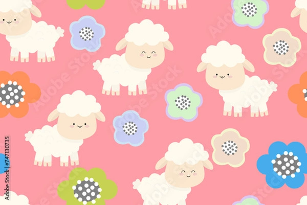 Fototapeta seamless pattern with sheep and flower