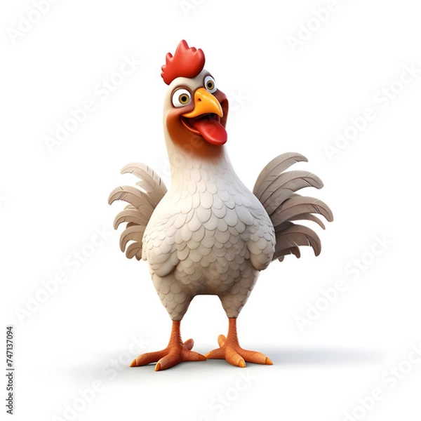 Fototapeta view of cute 3d cartoon character chicken with white background