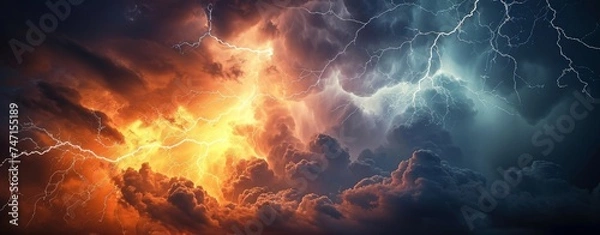 Fototapeta Storm warning. Weather background banner. Amazing lightning storm in orange light and dark clouds on sky.  Generative AI