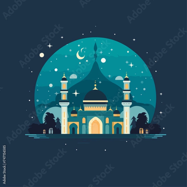 Fototapeta Arabic style vector graphic mosque at the ramadhan night of a thousand months and eid al adha