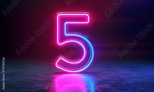 Fototapeta 3d render, neon number five glowing in the dark with ultraviolet light, pink blue gradient laser ray, Generative AI