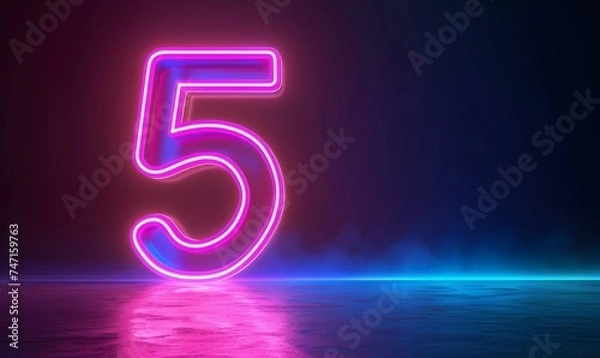 Fototapeta 3d render, neon number five glowing in the dark with ultraviolet light, pink blue gradient laser ray, Generative AI