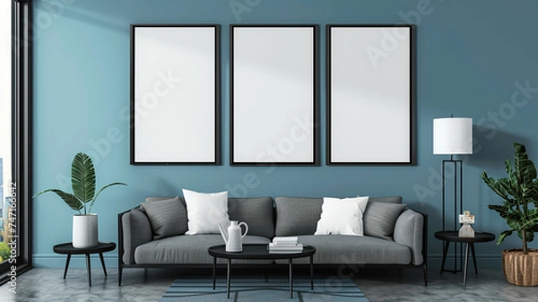 Fototapeta Modern beige living room with mock-up structural painting, created sculpture, inspired personal items, and cozy textured rugs. Template. Generative AI