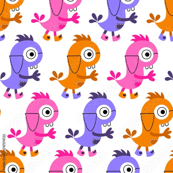 Fototapeta Nerdy Monster with Glasses Vector Seamless Pattern