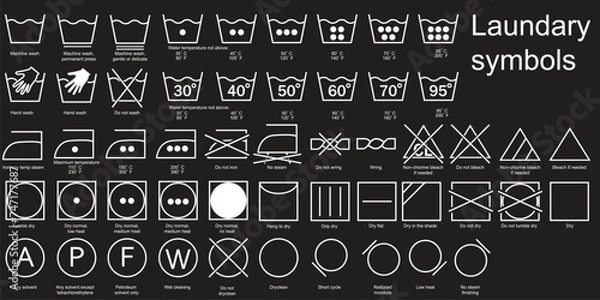 Fototapeta instruction, laundry, clothing, care, illustration, dry, symbol, textile, collection, label, fabric, temperature, washing, cleaning, set, icon, bleaching, housework, iron, method, information, icon se