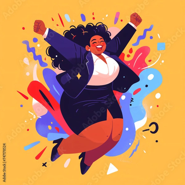 Fototapeta Joyful Businesswoman Celebrating Success with Vibrant Abstract Background Illustration