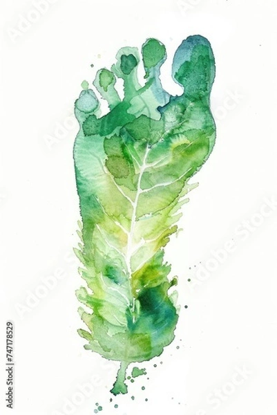 Fototapeta Generative AI, green watercolor ecology painted human carbon footprint with leaf veins
