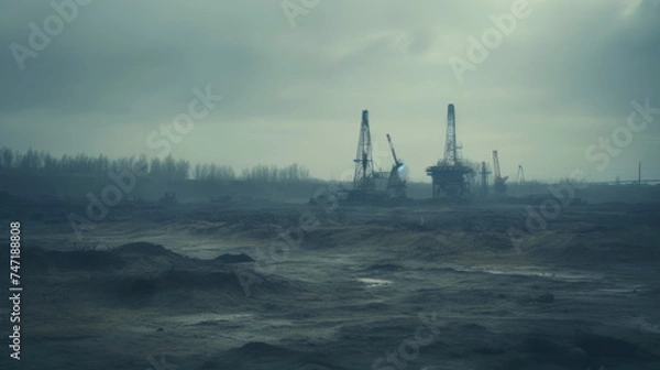 Obraz Oil drill industrial heavy polluted landscape. Ecology concept. Generative AI
