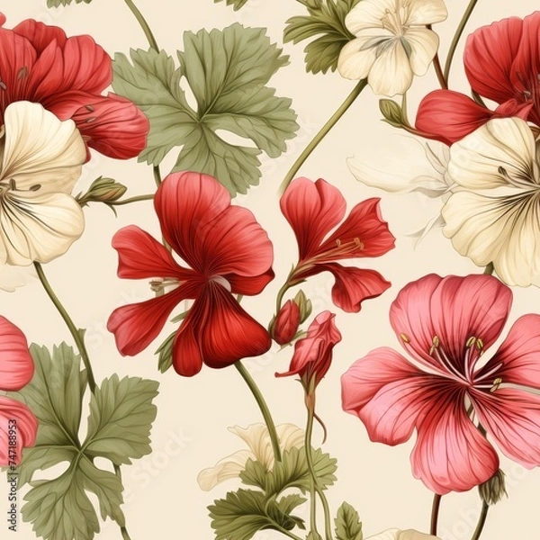 Fototapeta geranium botanical illustration seamless pattern. Textile, tablecloth fabric print. Vintage floral wallpaper.
