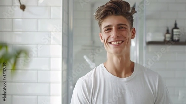 Fototapeta Young man with a smile wearing a white t-shirt standing in a modern bathroom with white tiles and a plant in the background.
