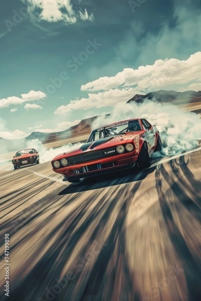 Obraz Drift cars with lots of smoke from burning tires on the track generated AI