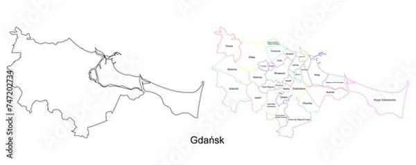 Fototapeta Vector map of Gdansk and its districts. Highly detailed vector outline, black silhouette. All isolated on white background