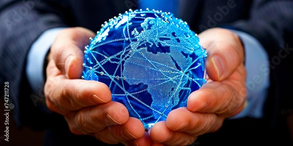 Fototapeta Global Connectivity and Networking in Business.
Businessperson holding a glowing blue globe symbolising worldwide networking and connectivity.