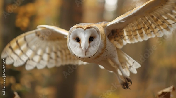 Fototapeta Flight of barn owl, a majestic predator of the night, soaring gracefully with powerful wings spread wide.
