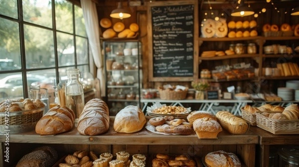 Obraz Artisan Bread and Pastries Display in Rustic Bakery Shop