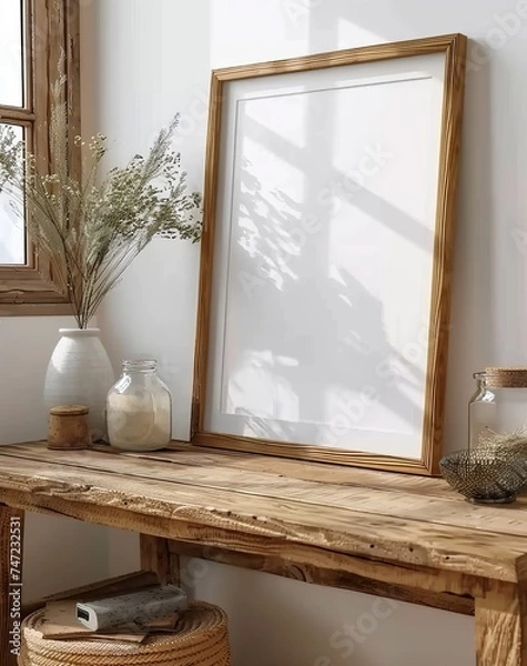Fototapeta Frame Mockup in Rustic Interior, Presented in 3D Render. Made with Generative AI Technology