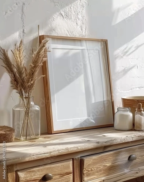 Fototapeta Frame Mockup in Rustic Interior, Presented in 3D Render. Made with Generative AI Technology