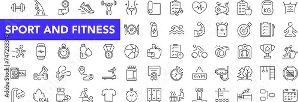 Fototapeta Sport and Fitness icon set with editable stroke. Healthy lifestyle thin line icon collection. Gym and health care icons. Vector illustration